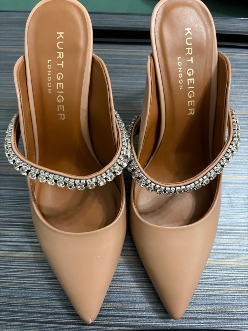 Kurt Geiger Tan Pointed-Toe Mules with Crystal Strap